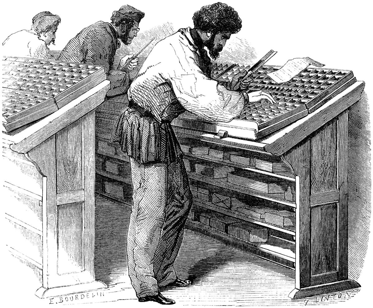A printer at his type case, setting a line by hand. Wood engraving, 1875.